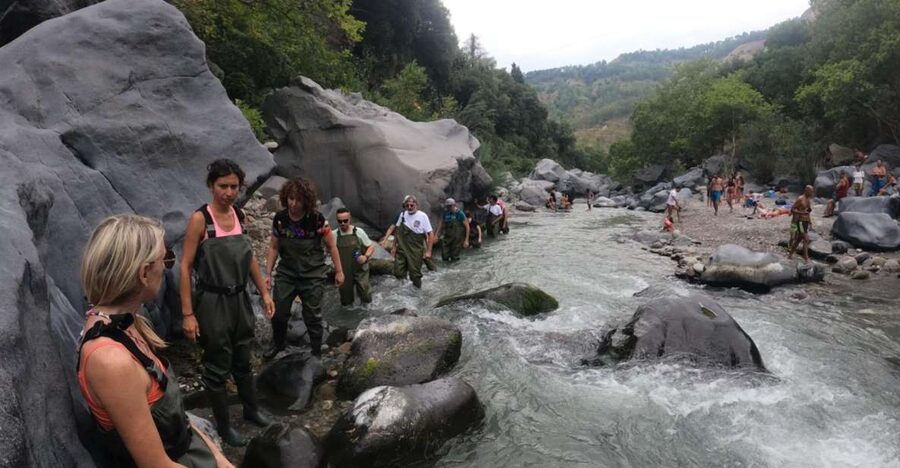 River Trekking Gole Alcantara - Walking the 400-meter route in high boots